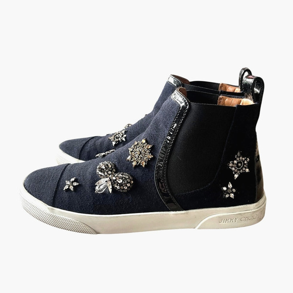 Jimmy Choo 7 Della Rhinestone Crystal Hightop Sneakers Pull On Shoes Gray 37 - Picture 6 of 11